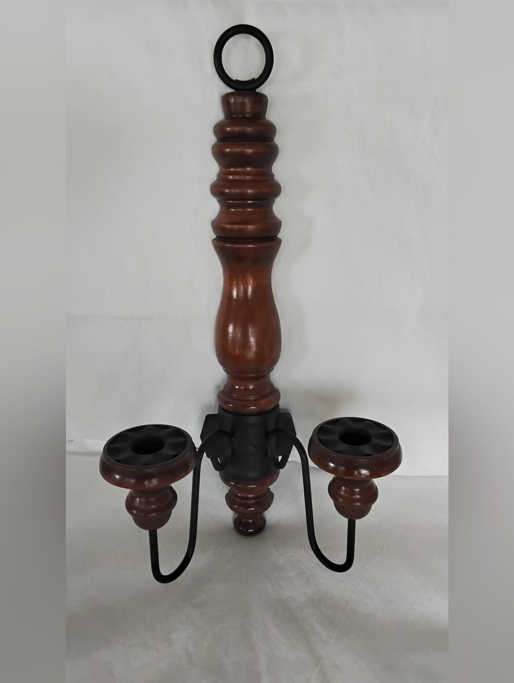 Vtg Wood and Metal 2 Arm Wall Sconce Candle Holder- Brown and Black